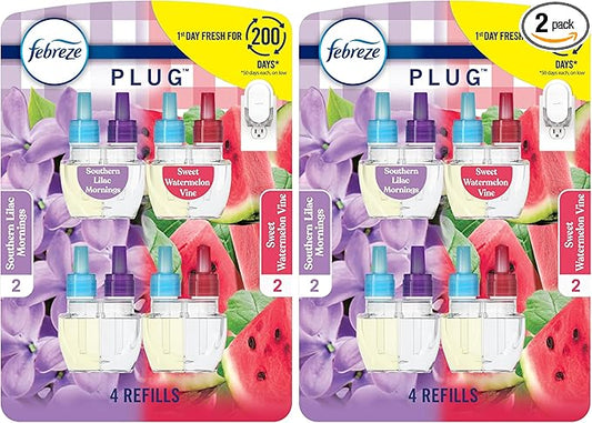 Febreze Odor-Fighting Fade Defy PLUG Air Freshener, Southern Lilac Mornings, Sweet Watermelon Vine, (2 of Each), .79 fl. oz. Oil Refill, 4 Count (Pack of 2)
