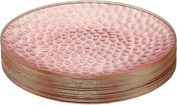 PLASTICPRO 30 Pack Hammered Plastic Plates Heavyweight Disposable Plastic Plates Elegant Clear Platsic Party Dishes (Hammered Pink With Gold Rim, 10'' INCH PLATES)
