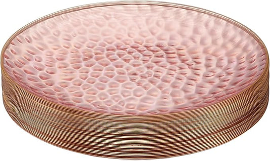 PLASTICPRO 30 Pack Hammered Plastic Plates Heavyweight Disposable Plastic Plates Elegant Clear Platsic Party Dishes (Hammered Pink With Gold Rim, 10'' INCH PLATES)