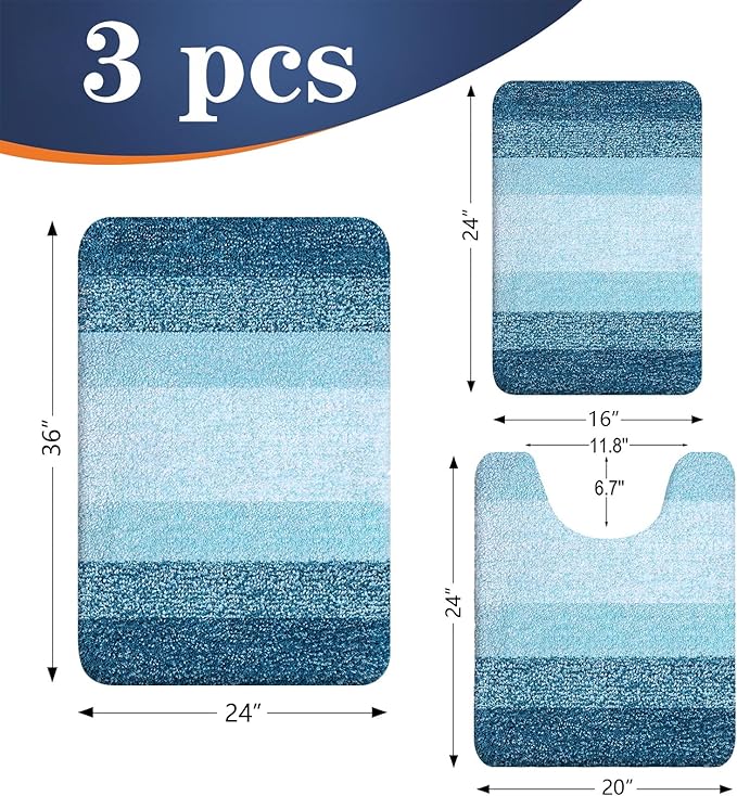 OLANLY Bathroom Rugs Sets 3 Piece, Soft Absorbent Microfiber Bath Mats and U-Shaped Contour Toilet Rug, Plush Shaggy Bath Mat Set for Bathroom (36"x24"+24"x16"+24"x20", Peacock Blue)
