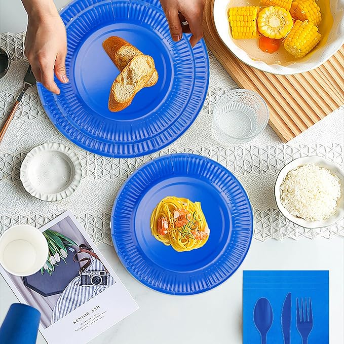 210pcs Blue Plates And Napkins Party Supplies -Plastic Silverware, Paper Cups And Plates.Napkinsdisposable Party Cutlery Set Serves 30