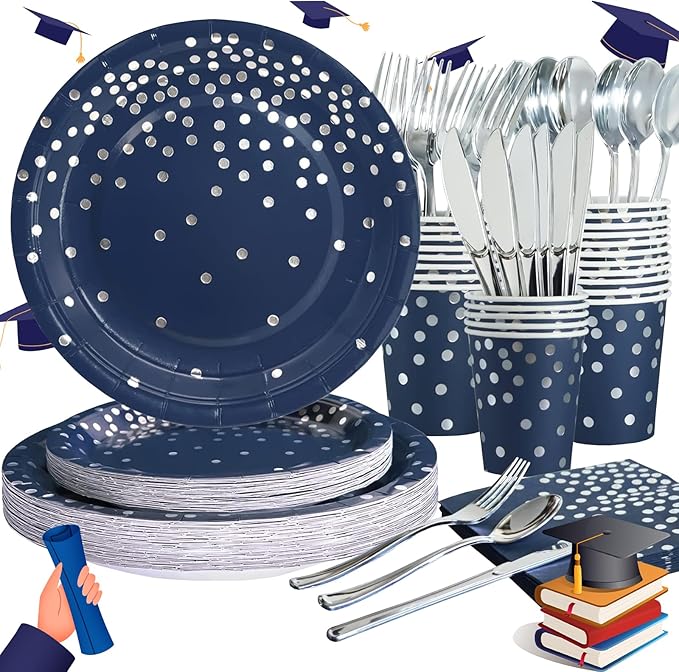 168Pcs Navy Blue Plates and Napkins Party Supplies, Navy Blue Paper Plates Serve 24, blue and Silver Party Decorations, for Fathers Day, Graduation, 4th of July, Hanukkah Party