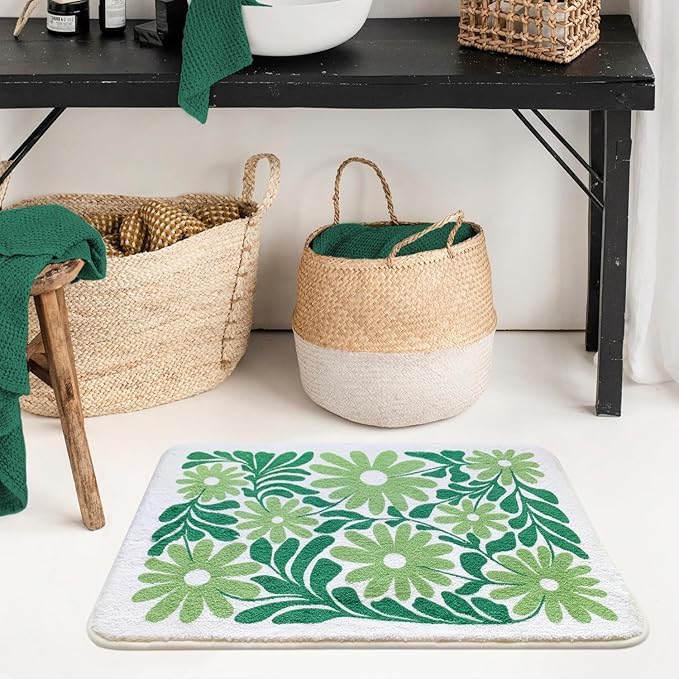 SHIYUE Cute Green Flower Bath Mat for Bathroom Rugs, Ultra Soft and Fluffy Microfiber Water Absorption Non Slip Mat for Bedroom Kitchen Bathroom Toilet Floors(18"×26")