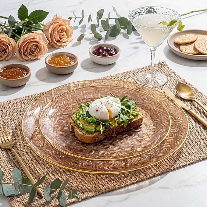 Festiva 60PCS Clear Brown Gold Plastic Plates - Heavy Duty Brown Disposable Plates With Gold Rim -serve for 30 guests Include Each 30PCS 10.25"&7.5" Honeycomb Design Plates for Party(Mocha Mousse)