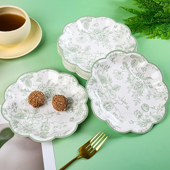 48 Pcs Sage Green Floral Party Plates Vintage Floral Leaf Disposable Paper Plates White Green Toile 7" Small Scalloped Dessert Plates for Spring Summer Garden Birthday Bridal Tea Party Supplies