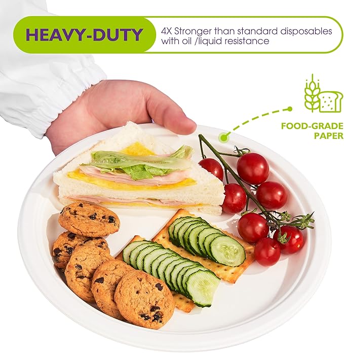 Compostable Paper Plates 9 Inch 125 Pack, Biodegradable Disposable Plates Heavy Duty White Plates, Made of Natural Sugarcane Bagasse, Unbleached Round Dinner Plates