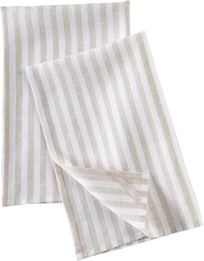 Solino Home Natural and White Linen Kitchen Towels Set of 2-100% Pure Linen 17 x 26 Inch Amalfi Stripe Tea Towels with Hanging Loop - European Flax Kitchen Dish Cloth - Quick Dry & Machine Washable