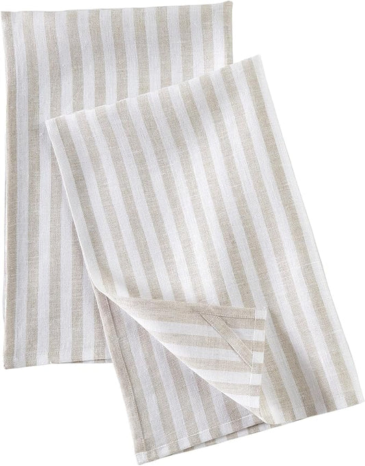 Solino Home Natural and White Linen Kitchen Towels Set of 2-100% Pure Linen 17 x 26 Inch Amalfi Stripe Tea Towels with Hanging Loop - European Flax Kitchen Dish Cloth - Quick Dry & Machine Washable
