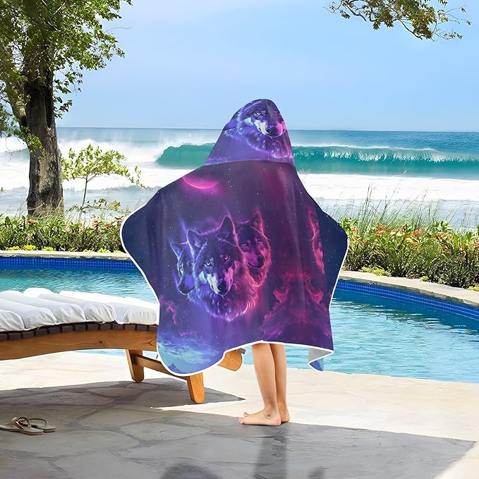 Hooded Towel for Kids Neon Wolves with Sharp Eyes Beach Wrap Bath Towels 50x23.5in