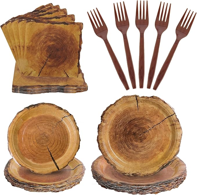 100 Pcs Rustic Wood Grain Slice Party Supplies for 25 Guests, Heavy-Duty 7" & 9" Paper Plates, 2-Ply 13" Napkins & Plastic Forks, Disposable Tableware Set for Camping Forest Woodland Party