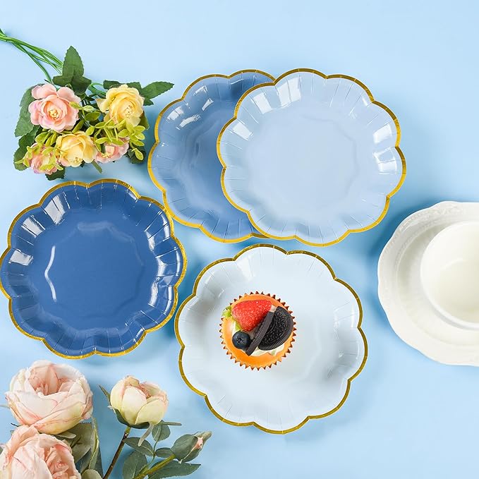 AimFun 48 Pcs Dusty Blue Party Plates Gradient Blue Dessert Paper Plates 7inch Gold Foil Scalloped Edge Disposable Cake Plates for Tea Party Birthday Bridal Baby Shower Wedding Party Supplies