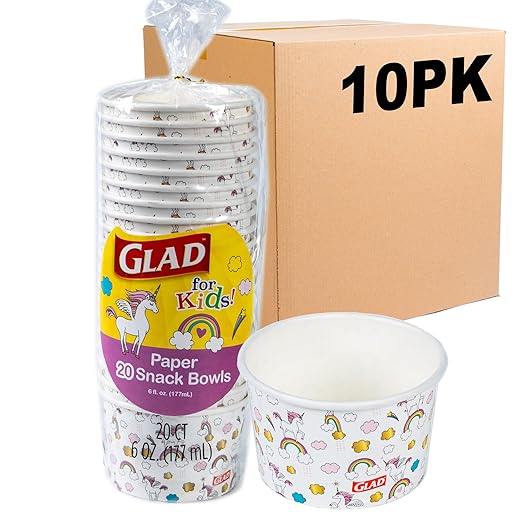 Glad for Kids Unicorn Paper Mini Snack Bowls, Lids Not Included - Heavy Duty Disposable Snack Cups with Unicorn Print, No Lids Included, 6 Ounce, 20 Count - 10 Pack