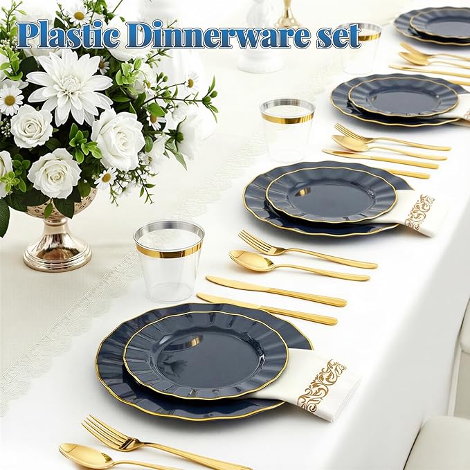 175 Plastic Dinnerware Set, Disposable Dinnerware Set for 25 Guests Include 50 Plastic Plates,25 Silverware Set,25 Cups and 25 Napkins for Graduation Party Wedding(Navy Blue and Gold)