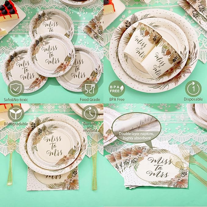 Boho Bridal Shower Decorations, 168Pcs Bridal Shower Plates and Napkins Sets Serve 24, Miss to Mrs, Love is In Bloom, Love is Brewing, Bride To Be, Bachelorette, Fall in Love Wedding Shower