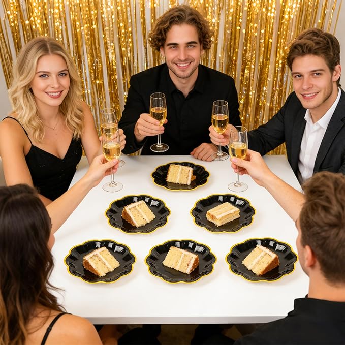 AimFun 24 Pcs Graduation Black and Gold Scalloped Paper Plates 7 Inch Disposable Dessert Plates with Gold Foil Elegant Cake Plate for Wedding Birthday Baby Shower Party Supplies