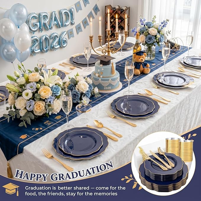 NOCCUR 175PCS Blue Plastic Plates with Disposable Silverware - Include 50 Blue Disposable Plates with Gold Rim,75 Gold Cutlery,25 Cups,25Napkins for Party/Wedding/Graduation/Memorial Day