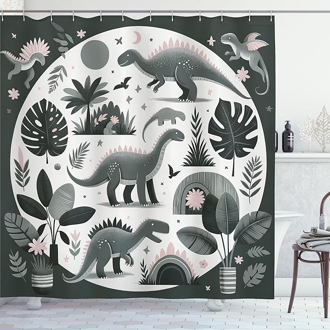 Ambesonne Dinosaur Shower Curtain, Dreamy Exotic Monstera Leaves and Jurassic Animals with Flowery Joy, Cloth Fabric Bathroom Decor Set with Hooks, 69" W x 70" L, Grey Teal Off White Rose