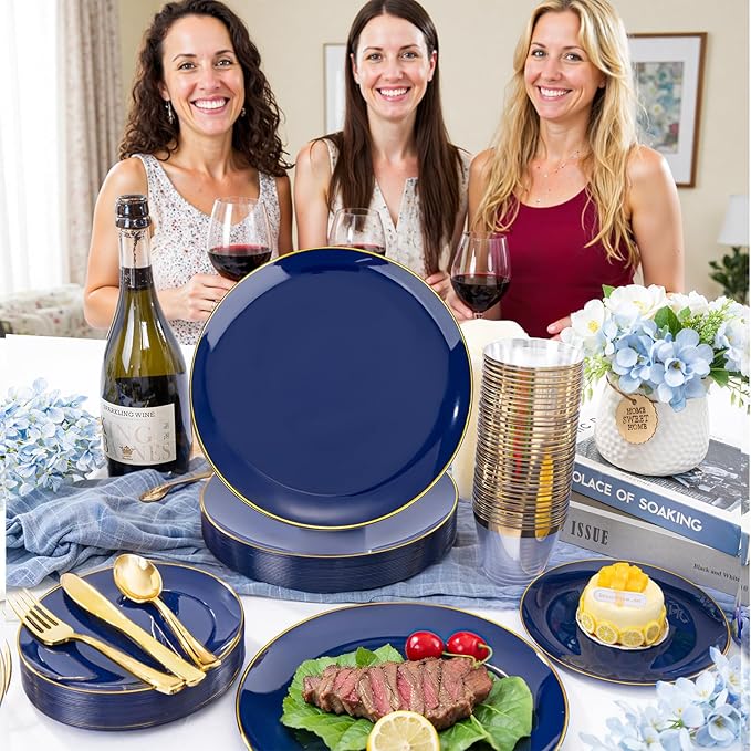 WDF 150pcs Blue plastic Plates - Navy Blue Plates Disposable - 25guest Disposable Dinnerware Sets for Party/Wedding/Birthday
