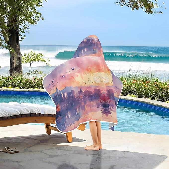 Hooded Towel for Kids Sketch of Bird in City Sky Beach Wrap Bath Towels 50x23.5in