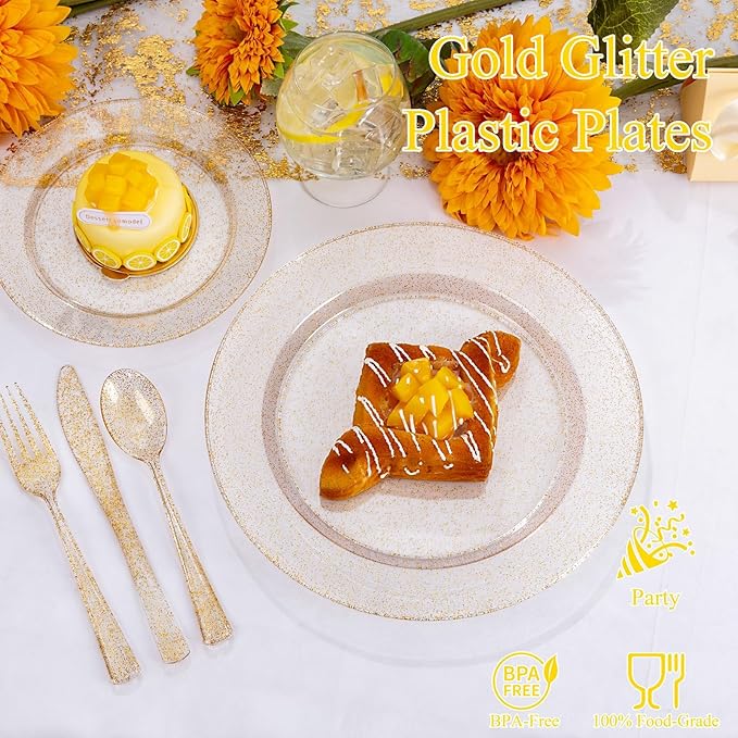WDF 200PCS Gold Plastic Plates - Gold Glitter Plastic Plates - Heavy Duty Gold Glitter Disposable Plates - Include 100 Dinner Plates 10" and 100 Dessert Plate 7" for Wedding Spring Birthday
