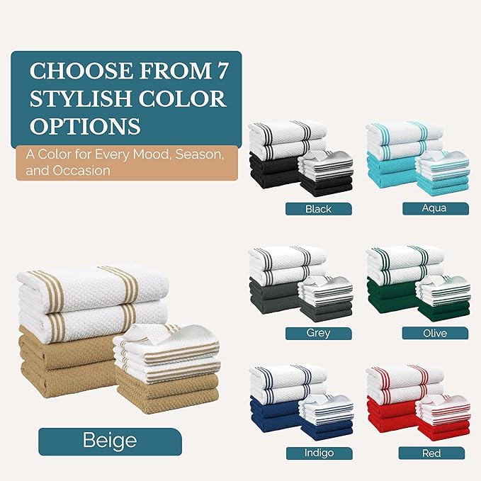 Casa Platino Kitchen Towel Set 8 Pc 4 Dish Towels for Kitchen (16"x26") & 4 Dishcloths (13"x13") - Soft, Absorbent Tea Towels & Quick Drying Dish Rags With Hanging Loops For Drying Cookwares - Beige.