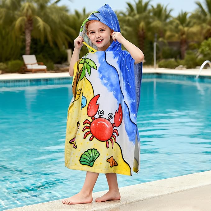 Tirrinia Kids Hooded Beach Towel, Toddler Hooded Bath Towel & Poncho Towel Super Absorbent, Wearable Swim Towel for Kids 3-6 Years Boys Girls at Bath Pool Beach, Birthday Gifts, Crab