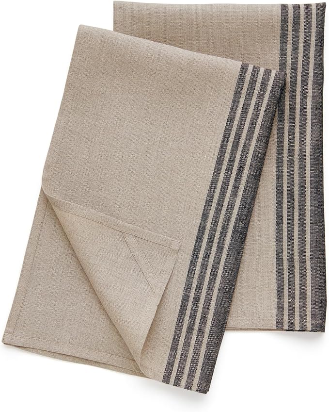 Solino Home Black and Natural Linen Kitchen Towels Set of 2-100% Pure Linen 17 x 26 Inch Farmhouse Tea Towels with Hanging Loop - European Flax Kitchen Dish Cloth - Quick Dry & Machine Washable