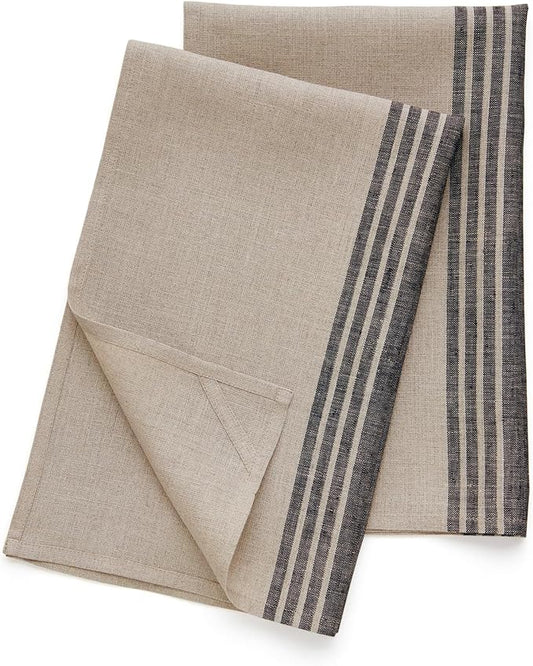 Solino Home Black and Natural Linen Kitchen Towels Set of 2-100% Pure Linen 17 x 26 Inch Farmhouse Tea Towels with Hanging Loop - European Flax Kitchen Dish Cloth - Quick Dry & Machine Washable