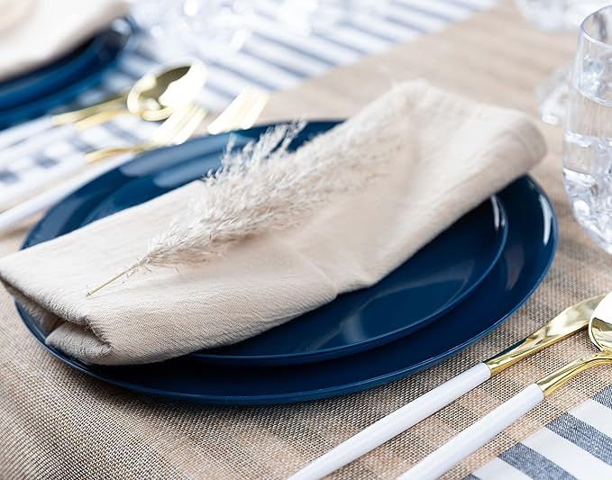 [30 Pack 8.6''] Dark Blue Plastic Party Plates Edge Collection Premium heavyweight Elegant Disposable Tableware Dishes