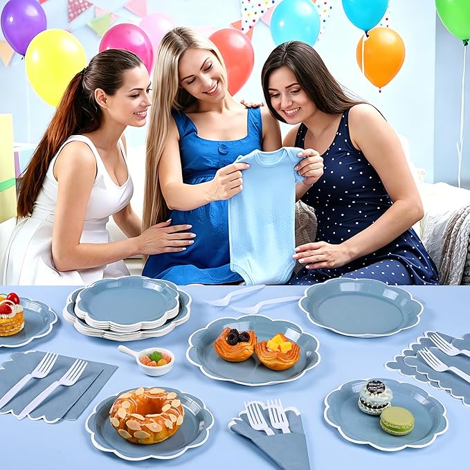 96 Pcs Dusty Blue and White Paper Plates and Napkins Set, Tableware set for 24 Guest include Baby Blue Dinner Plates with White Scalloped Edge, Napkins and Forks for Baby Boy Shower, Wedding, Birthday