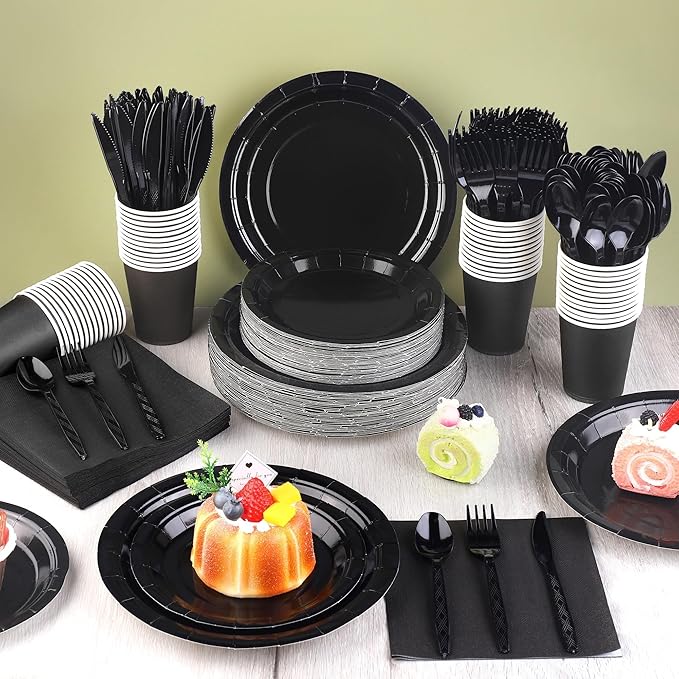 Kochorie 350 Pieces Black Dinnerware Set, 7 & 9 inch Dessert Paper Plates Cups Napkins Plastic Cutlery Disposable Party Supplies for Birthday Baby Shower Wedding, Serve 50 Guests