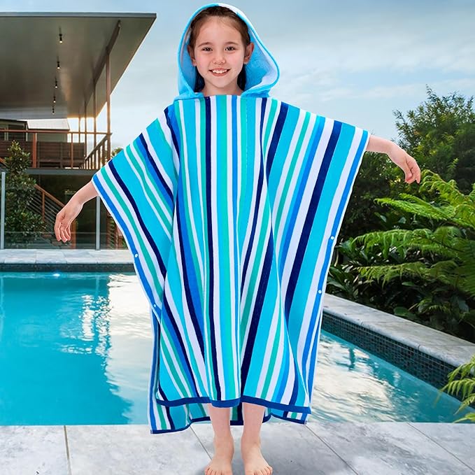 VOOVA & MOVAS Teens Boys Hooded Poncho Towels (8-16Years), 100% Cotton Absorbent Poncho Towel Robe for Kids, Perfect for Pool, Beach, Bath and Gifts, Blue Green Stripe