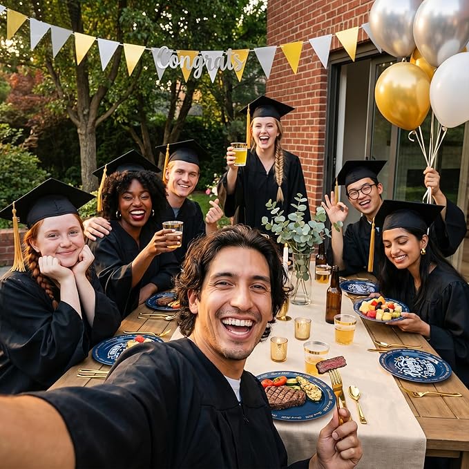 Goodluck 350 Piece Graduation Navy Blue Plastic Dinnerware Set for 50 Guests, Congrats Grad Disposable Plates Include: 50 Dinner Plates, 50 Dessert Plates, 50 Cups, 50 Rolled Napkins with Silverware