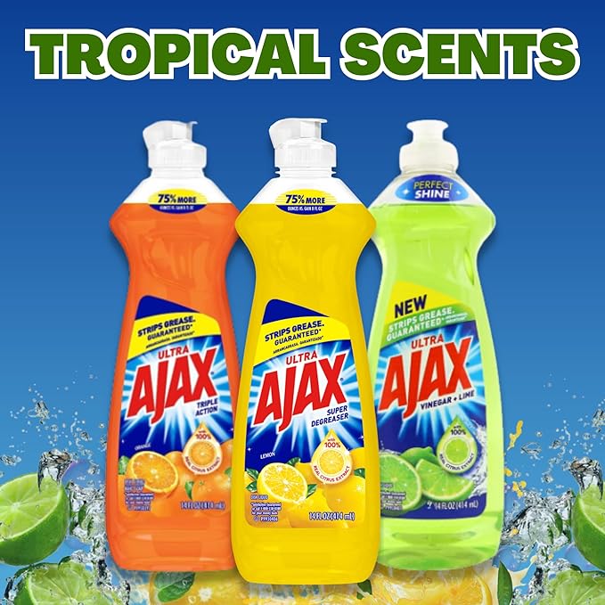 Ajax Dish Soap - Ajax Dishwashing Liquid Super Degreaser 14 FL OZ (Lemon, Orange, Lime) (Variety Pack of 6) 2 of Each - Includes Clean is Better Card