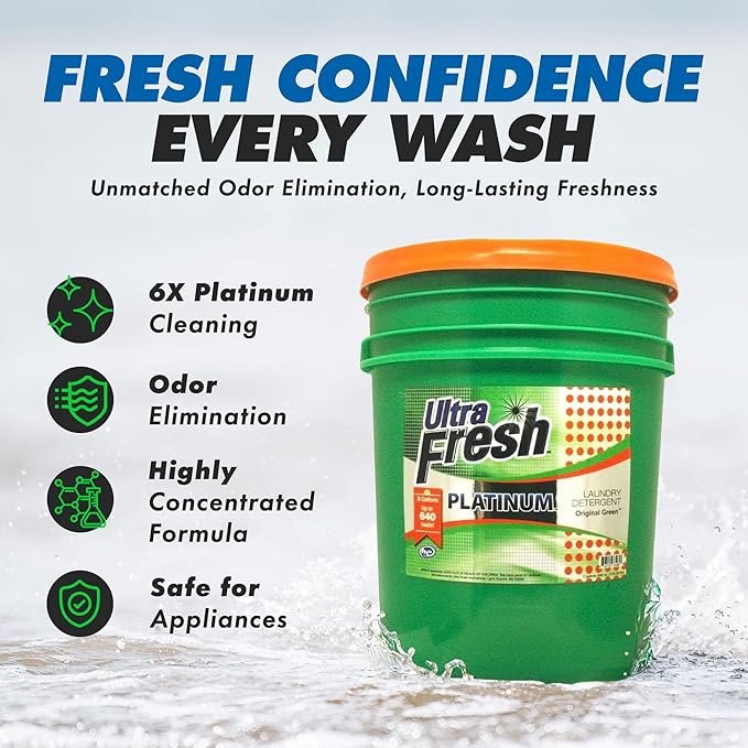 Ultra Fresh 3X Platinum 5 Gallon Laundry Detergent Liquid for All Machine Types with Easy Dispensing Pump, Up to 640 Loads, Original Green (4 Pack)