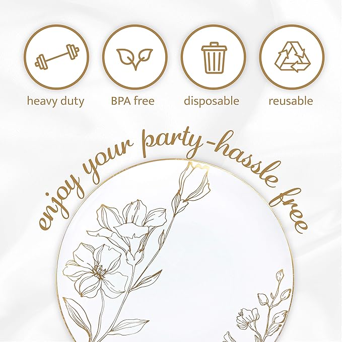 PLASTICPRO White Plastic Floral Design Party Plates With Gold Rim Premium heavyweight Elegant Disposable Tableware Dishes (120, 9'' INCH PLATES)