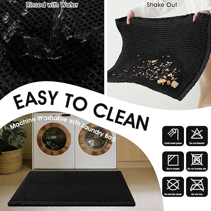 Upgraded Waffle Bath Mat Set 3 Piece Black, Super Absorbent Non-Slip Quick Dry Bathroom Rugs with Tassels, Machine Washable Ultra Soft Boho Bath Rugs for Floor, Toilet Mats Boho Farmhouse Decor