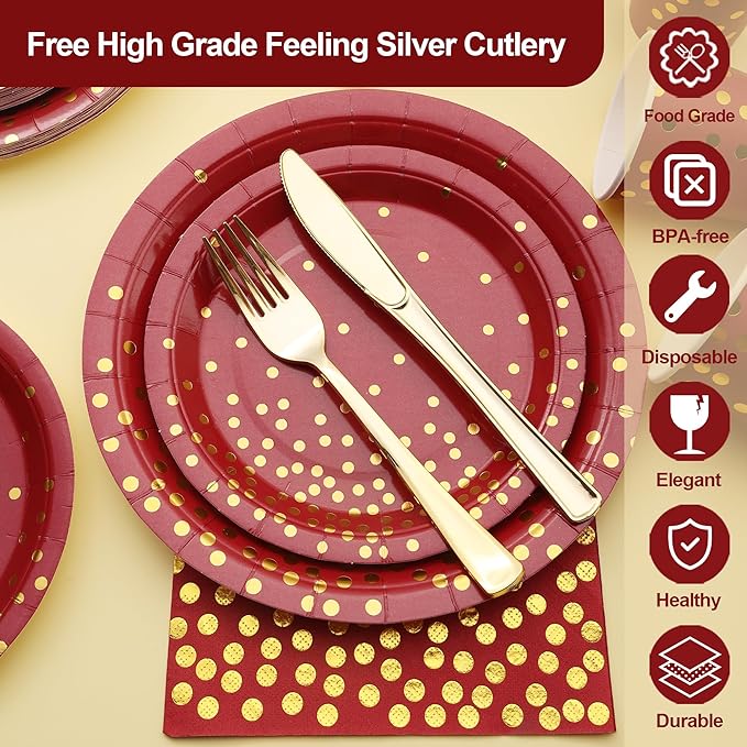 175 PCS Burgundy and Gold Party Supplies - Burgundy Plates and Napkins Sets Serve 25 Guests - Maroon and Gold Paper Plates for Birthday Wedding Graduation Holiday Party Decorations