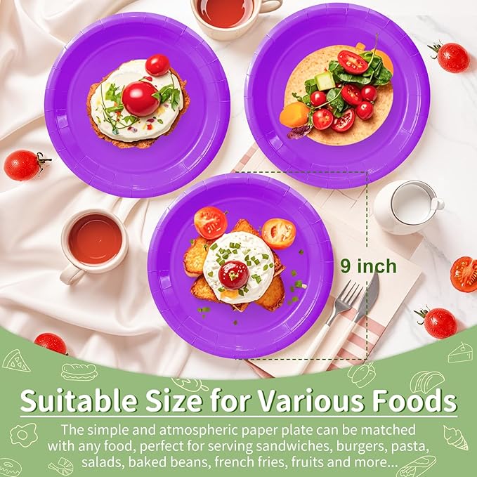 50 Pcs Purple Paper Plates, 9 Inch Disposable Dessert Plates for Valentines,Tea Party, Baby Shower, Birthday, Wedding, Graduation, Picnic, BBQ, Party