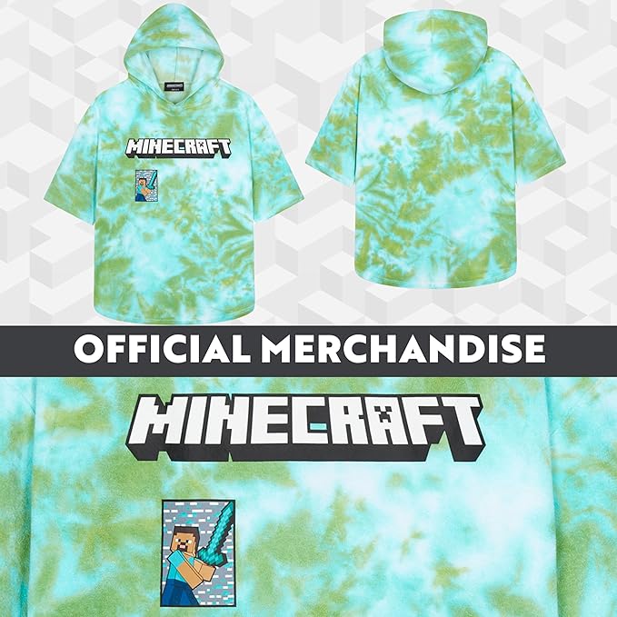 Minecraft Towelling Poncho Kids Teens Hooded Bath Towels Absorbent Beach Towel (Green Tie Dye, 10-13 Years)