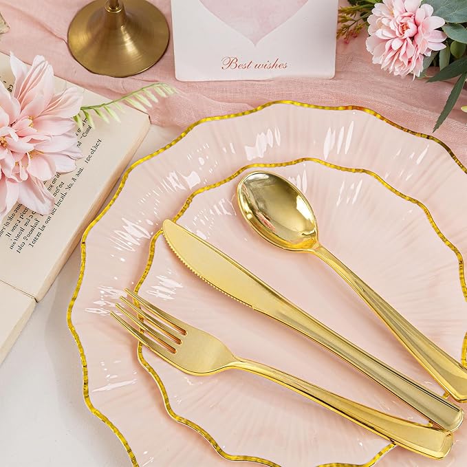 U-QE 150PCS Pink Plastic Plates for Party, Heavy Duty Pink Disposable Plates, Gold Dinnerware Set Include 30 Dinner Plates,30 Dessert Plates,30 Gold Plastic Silverware Set for Mothers Day, Party