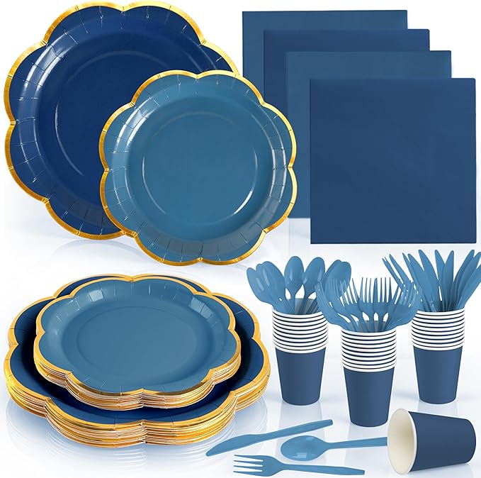 Navy Blue Paper Plates and Napkins Party Supplies for 24 Guest, 168Pcs Graduation Blue Scalloped Party Plate with Gold Rim Blue Disposable Plates Set for Birthday Party Baby Shower Gender Reveal