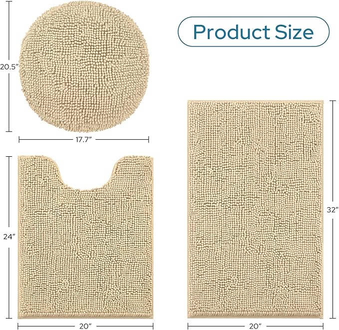 BYSURE Beige Bathroom Rugs Sets 3 Piece with Toilet Lid Cover Non Slip Extra Absorbent Plush Chenille Soft Washable Bath Mats