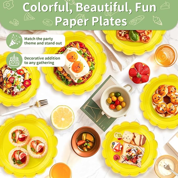 50 Pcs Yellow Paper Plates, 25 Pcs 9" and 25 Pcs 7" Disposable Yellow Scalloped Plates with Gold Foil for Graduation Wedding Baby Shower Birthday Party Picnic BBQ