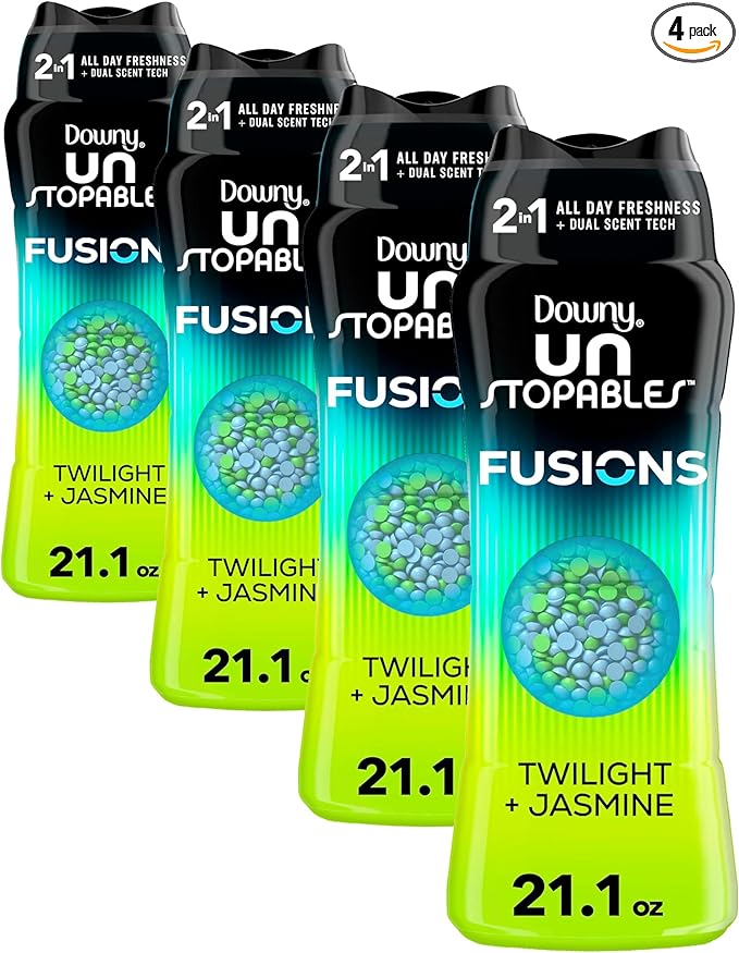 Downy Unstopables Fusions Scent Booster Beads Twilight Jasmine | 24-Hour Freshness | Dual Scent Technology | 21.1 oz | Pack of 4