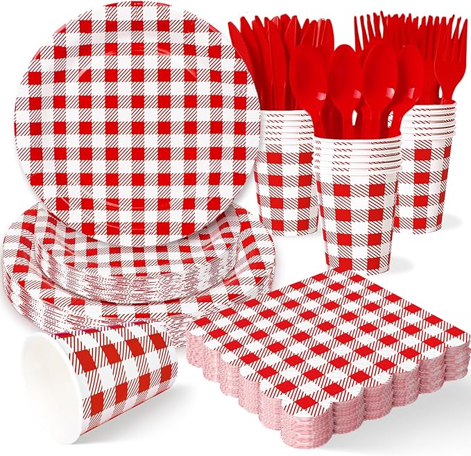 Vyntra Checkered Gingham Paper Plates and Napkins Set for 25" 9" Dinner Plates & 7" Dessert Plate, Birthday Party (Red Gingham, 175 Pcs)