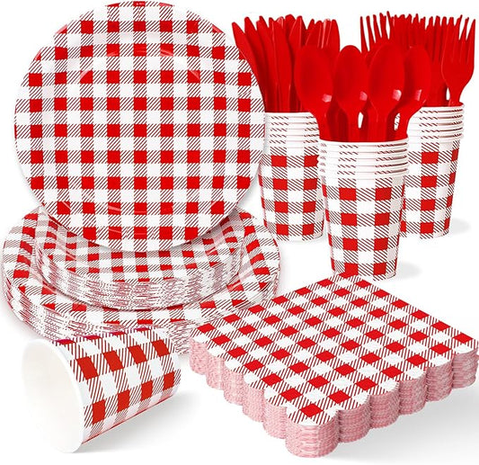 Vyntra Checkered Gingham Paper Plates and Napkins Set for 25" 9" Dinner Plates & 7" Dessert Plate, Birthday Party (Red Gingham, 175 Pcs)