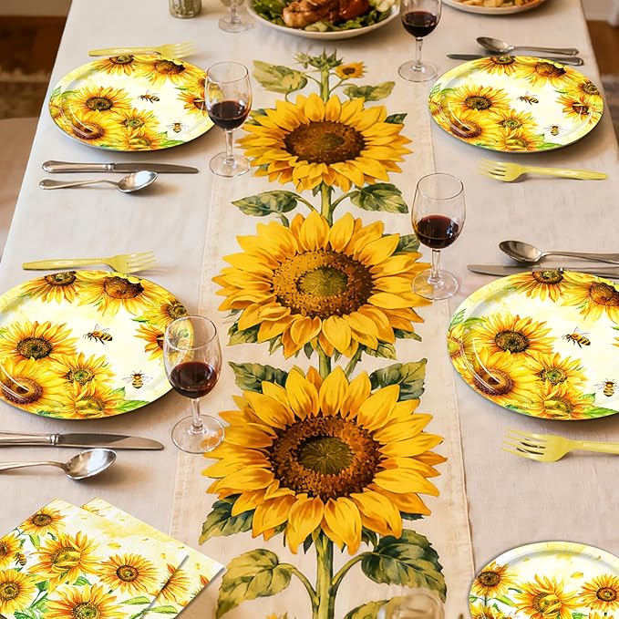 96 Pieces Sunflower Plates and Napkins, Yellow Floral Disposable Tableware with Paper Plates Napkins and Forks for Sunflower Party Supplies, Birthday, Baby Shower, Bridal Shower Decorations, Serves 24