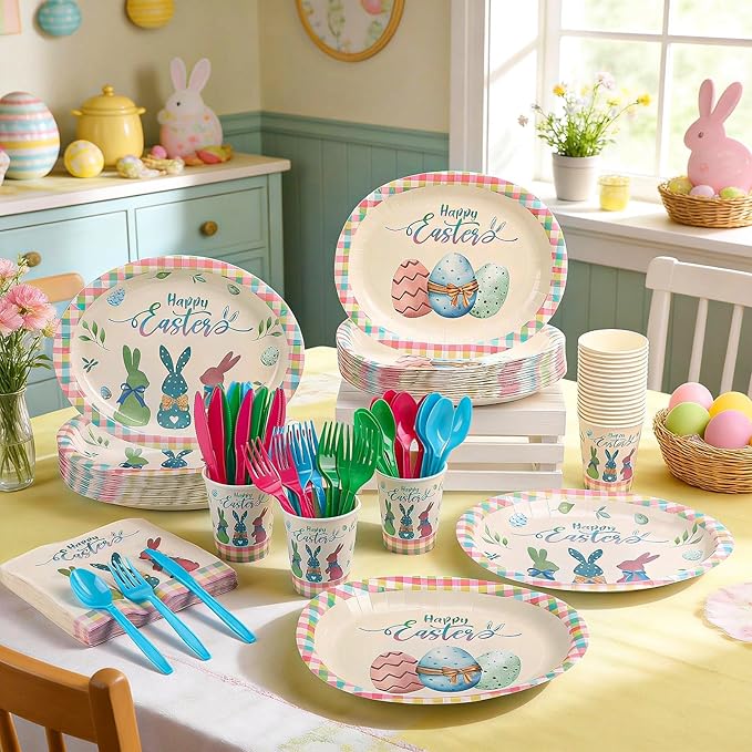 Havawish 350 Pcs Easter Bunny Party Supplies Happy Easter Disposable Tableware Set Pastel Buffalo Plaids Bunny Eggs Oval Paper Plates Cups Napkins Fork Knife Spoon for Spring Party Table Decorations