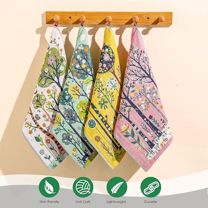 Cotton Kitchen Towels Set of 4, 4-Layer Gauze Quick Dry Decorative Dish Towels for Kitchen Drying, Absorbent Weave Cleaning Tea Towels with Hanging Loop, Exquisite Design for Gift,16" x 15"